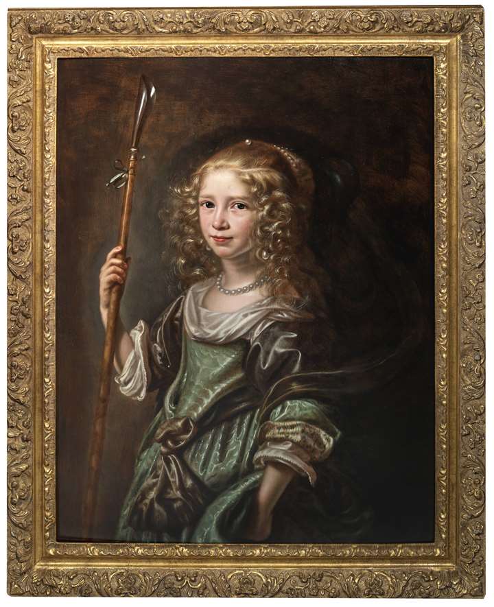 Portrait of a young girl as a shepherdess, half-length, in a green gown, holding a crook.
